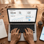 Laptop showing an earnings graph next to a notebook and coffee cup, representing online income ideas
