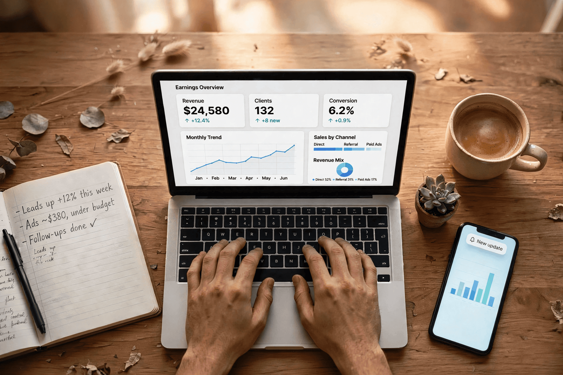 Laptop showing an earnings graph next to a notebook and coffee cup, representing online income ideas
