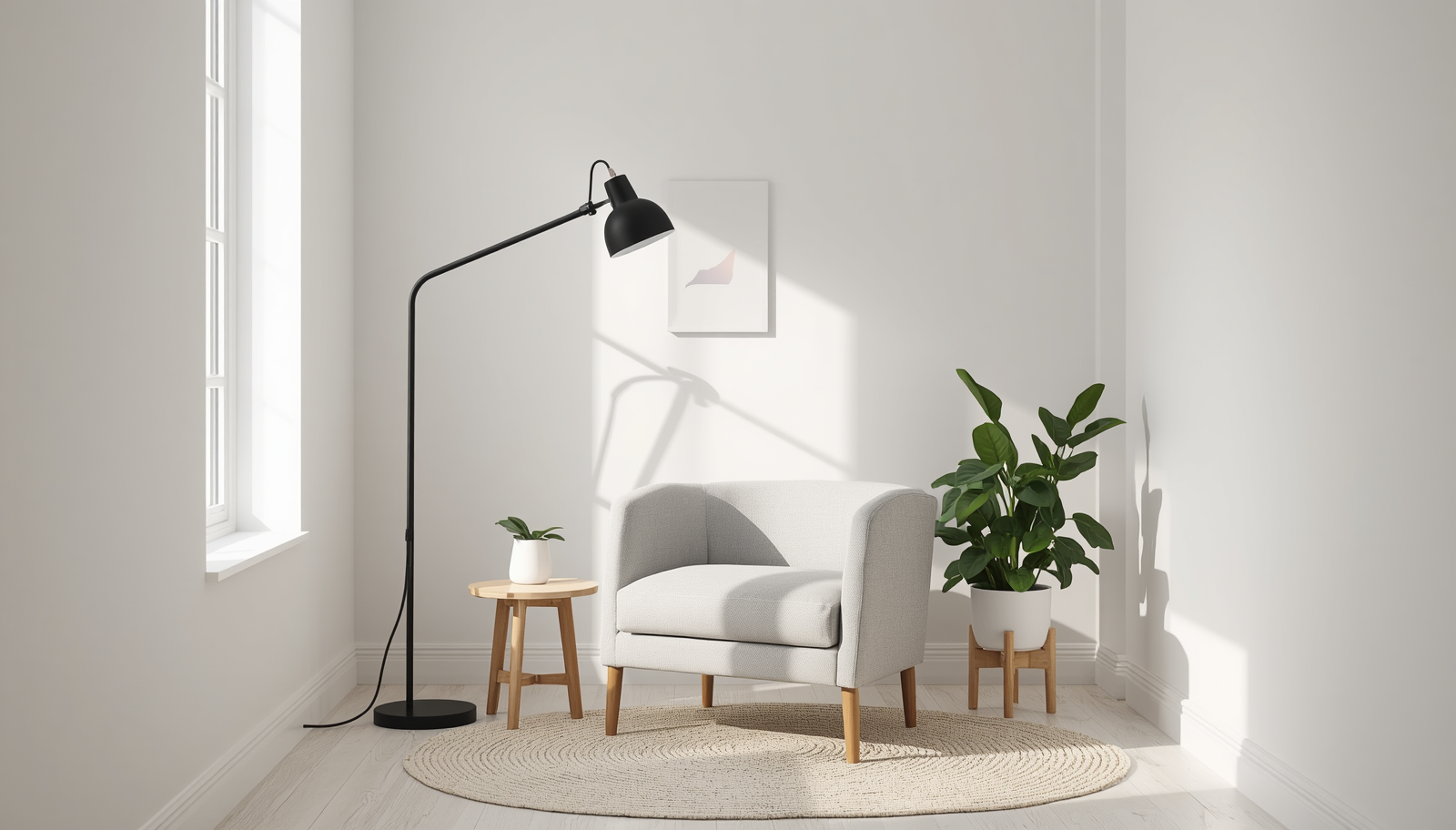 Light gray accent chair with black arc floor lamp and oak side table in bright corner reading nook with cream rug and pothos plant