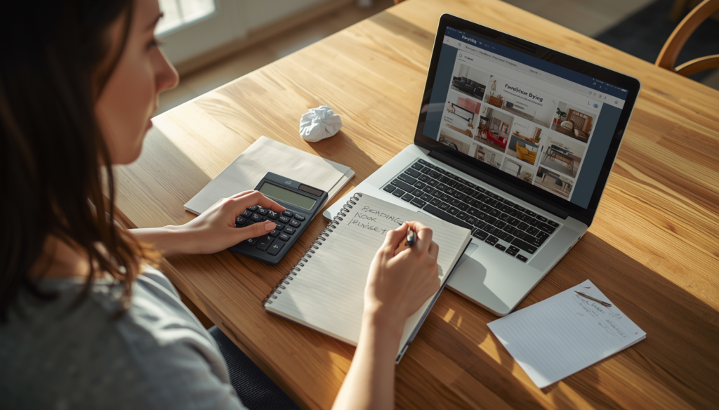 Woman at oak table with laptop, calculator, and notebook labeled 'READING NOOK BUDGET', planning furniture purchases in natural light