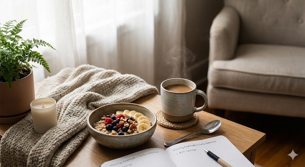 A cozy morning scene with a steaming mug, a bowl of oatmeal with berries, and a notebook on a wooden table.
