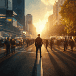 Calm investor standing at crossroads between chaotic busy city and peaceful golden light, symbolizing disciplined financial decision-making