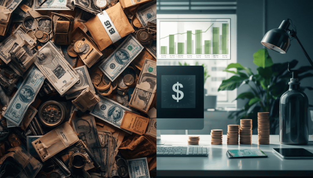 Split-screen showing cluttered debt papers and bills on left contrasted with organized workspace and upward growth charts on right
