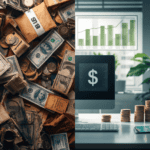 Split-screen showing cluttered debt papers and bills on left contrasted with organized workspace and upward growth charts on right