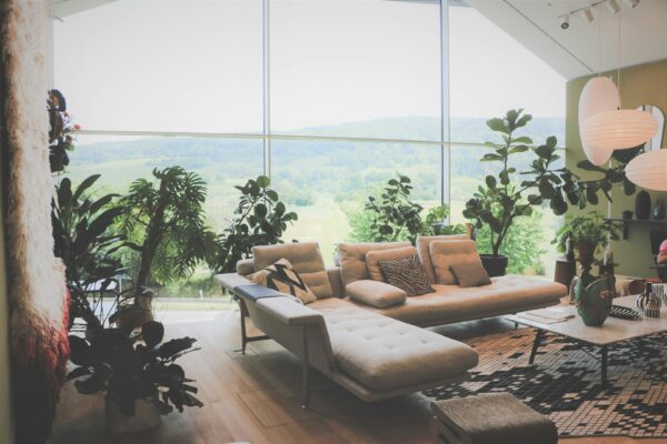 Bright modern living room with beige modular sofa, floor-to-ceiling windows overlooking lush green landscape, abundant indoor plants, and warm natural lighting