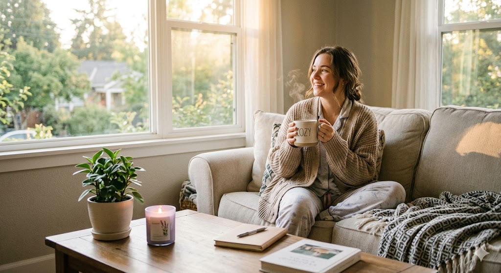A woman in pajamas holding a steaming mug on a couch in a sunlit living room.