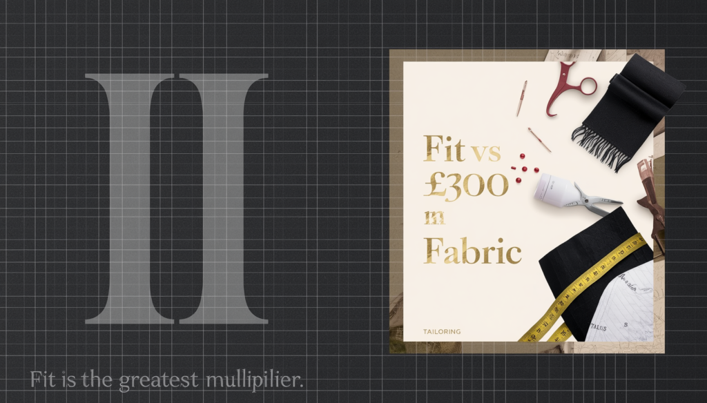 Dark editorial design with tailor's workroom grid, cream panel featuring body torso outline, measuring tape, scissors, fabric swatches, Roman numeral II, and gold £30 vs £300 comparison stat