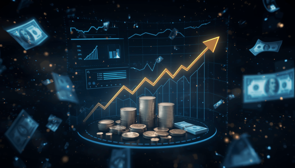 Futuristic holographic dashboard in space showing upward growth charts with floating dollar bills, coins, and broken chains transforming into arrows
