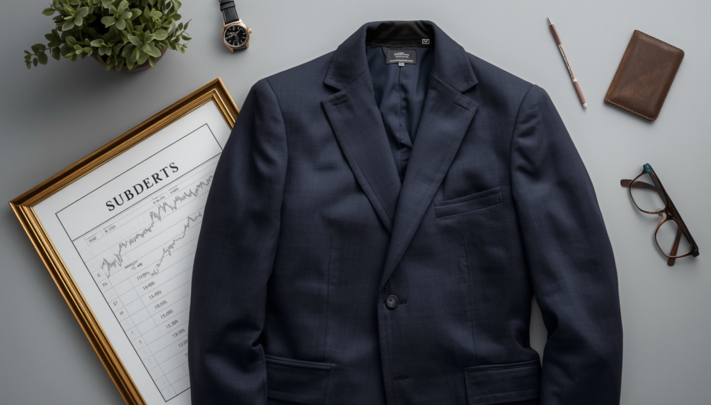 Top-down flat lay of tailored navy blazer, brass-framed stock market chart, luxury watch, and leather notebook on neutral background