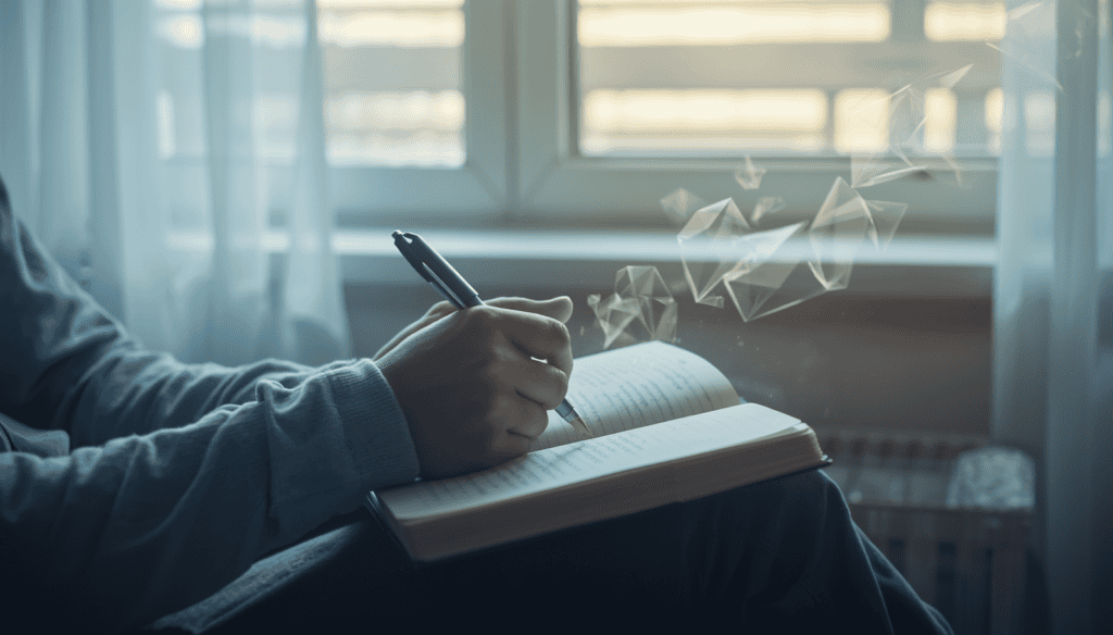 Person writing in journal by window as ethereal light and geometric shapes drift away, symbolizing mental clutter transforming into peace