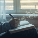 Person writing in journal by window as ethereal light and geometric shapes drift away, symbolizing mental clutter transforming into peace