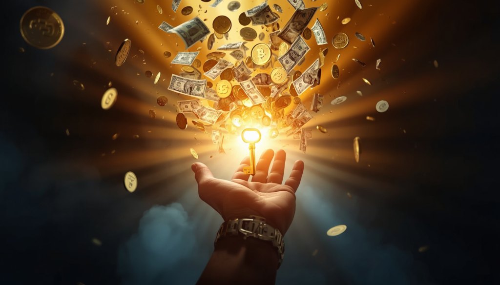Person holding glowing golden key with coins and dollar bills swirling upward in spiral of light, symbolizing mindset unlocking financial abundance