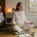 A woman sitting in a peaceful, sunlit bedroom, meditating on a floor cushion with a notebook and tea nearby.