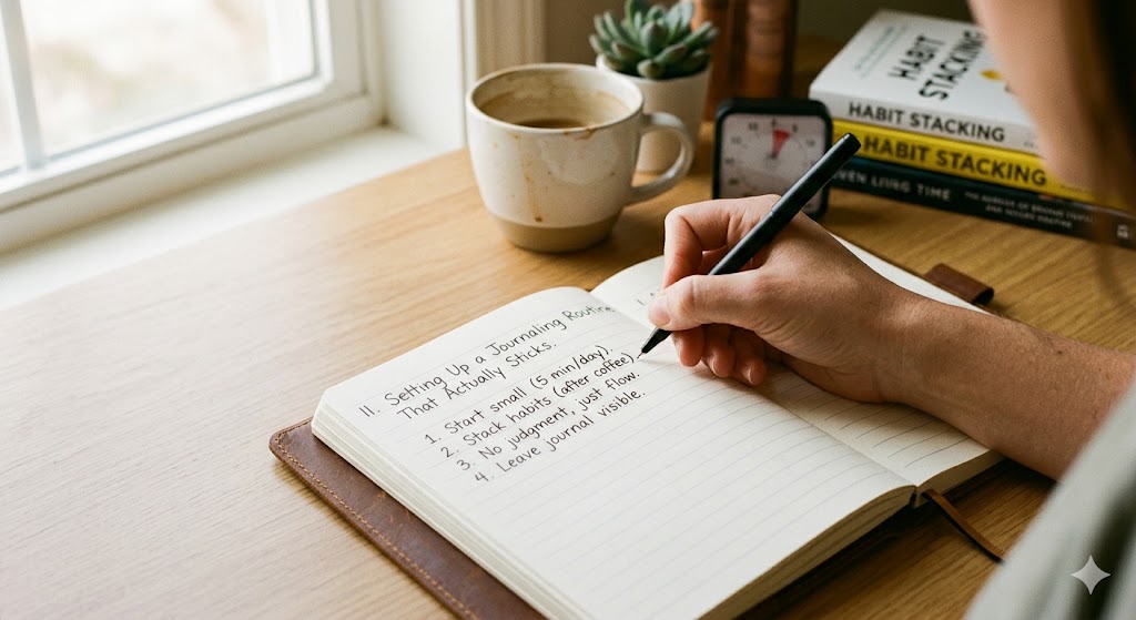 Person writing in a journal for mental clarity.