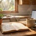 A calm morning kitchen scene with coffee and a journal, representing morning money habits that lead to better financial decisions