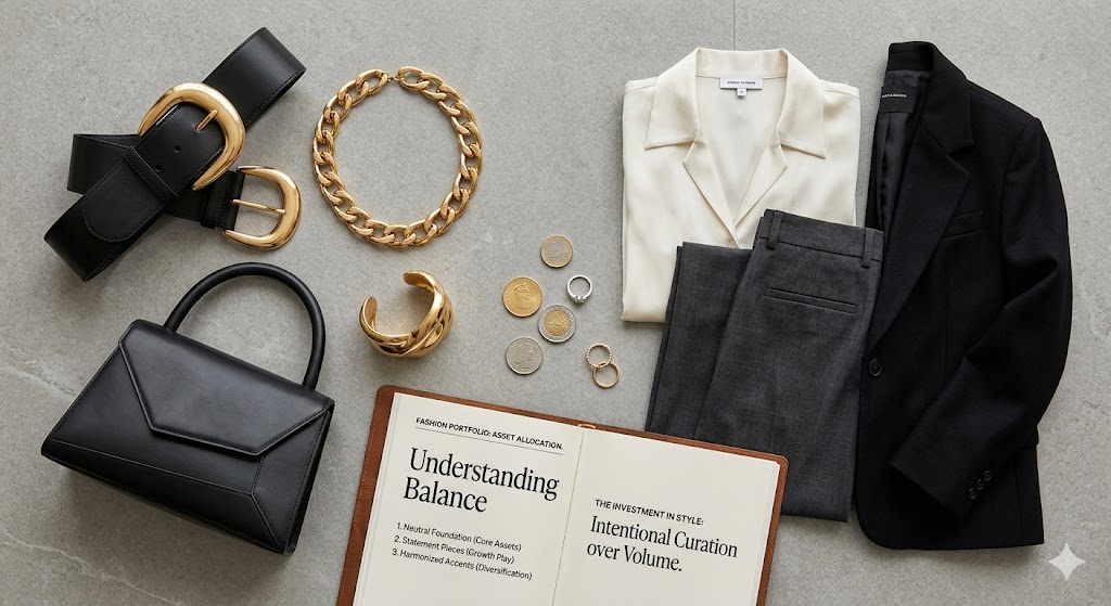 A flat-lay photograph showing a balanced wardrobe: neutral clothing items paired with bold gold jewelry, a leather belt, and a handbag, arranged next to an open notebook titled 'Understanding Balance".