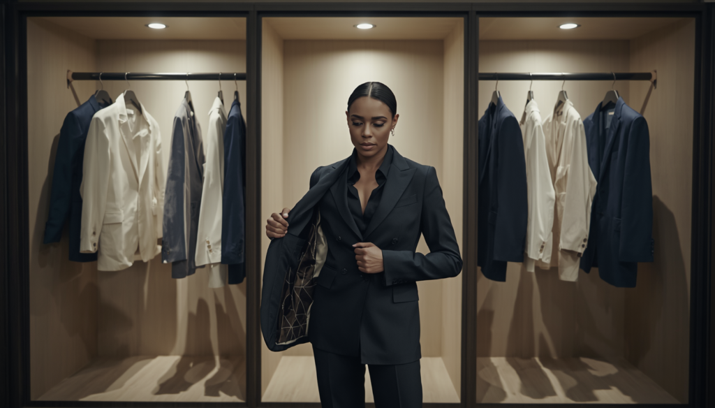 Confident professional selecting structured blazer from sleek wardrobe styled like curated gallery with spotlit garments in neutral tones.