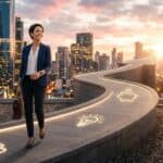 A confident businesswoman walking an illuminated, upward-trending path with icons on a city rooftop at sunrise.