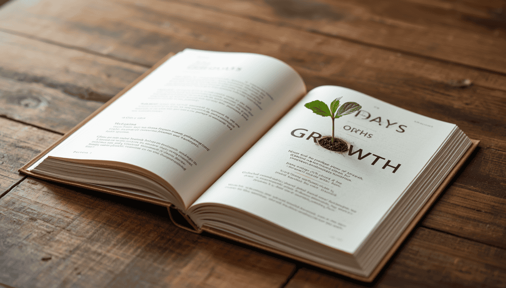 A book open on a wooden table, showing a "90 Days of Growth" plan with a small green seedling being planted into the page to symbolize personal transformation.