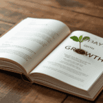 A book open on a wooden table, showing a "90 Days of Growth" plan with a small green seedling being planted into the page to symbolize personal transformation.