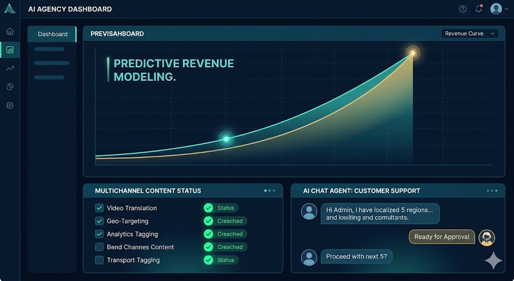 Futuristic AI agency dashboard showing predictive revenue modeling charts and automated content status panels.