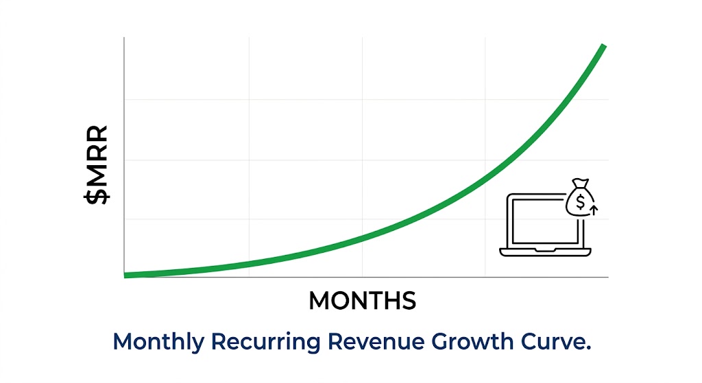 Minimalist business chart showing a steep green upward curve for Monthly Recurring Revenue (MRR) growth.