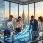 Business professionals collaborating on a digital growth plan in a modern conference room