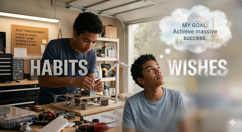 A person builds in a workshop under 'Habits', while another dreams of 'massive success' under 'Wishes'.