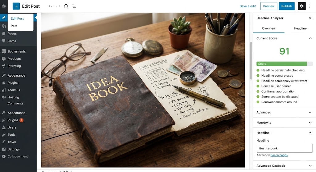 An open vintage "Idea Book" notebook with notes on side hustles like VA services, tutoring, and flipping, on a wooden desk.