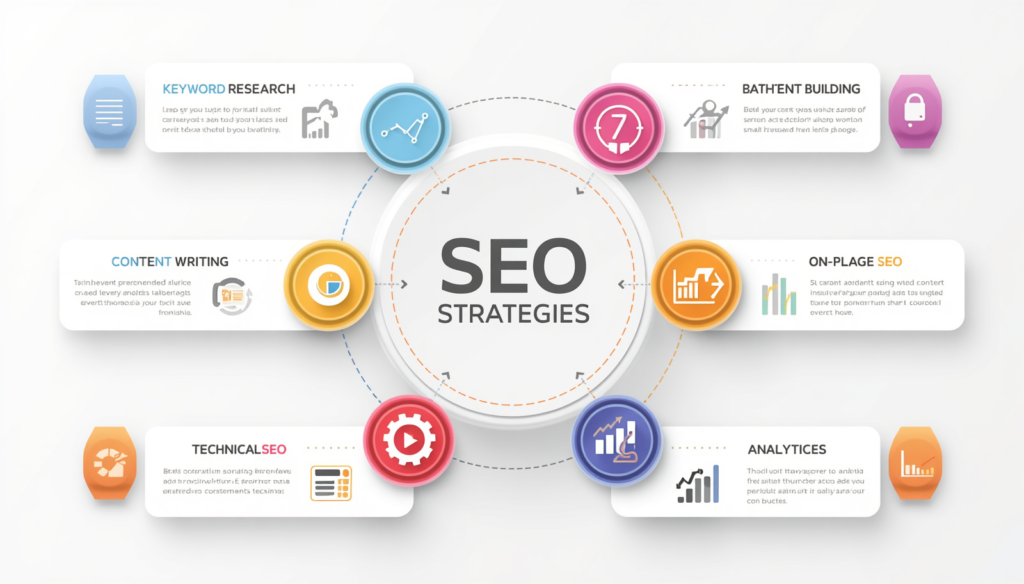 Circular infographic showing 7 SEO strategies including keyword research, content writing, backlinks, and analytics connected by arrows