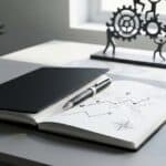 A notebook open on a desk featuring a hand-drawn map, compass, and trend graph, accompanied by a pen, luxury watch, and an abstract metal gear sculpture, symbolizing strategic planning and business success.