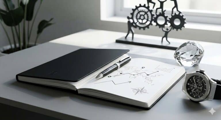 A notebook open on a desk featuring a hand-drawn map, compass, and trend graph, accompanied by a pen, luxury watch, and an abstract metal gear sculpture, symbolizing strategic planning and business success.