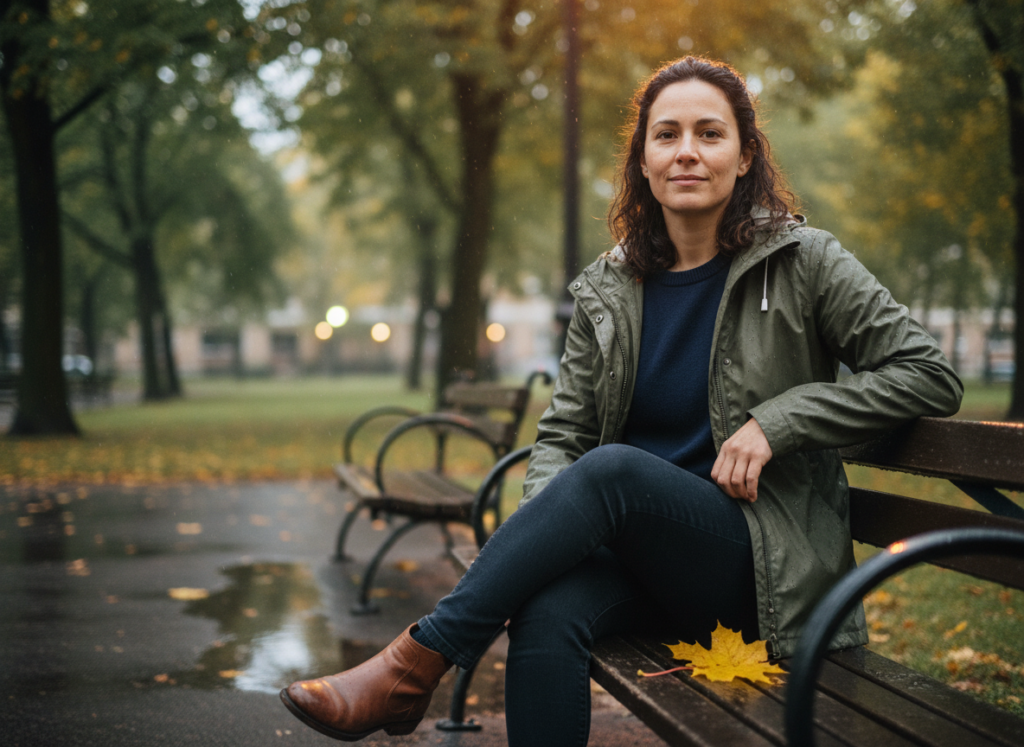 Woman on a damp park bench after rain, calm gaze and faint smile, soft rim light, yellow leaf nearby.