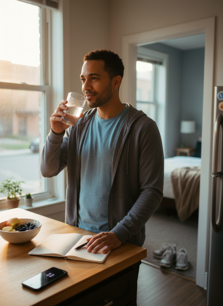 Man in a sunlit kitchen sipping water, hand on an open gratitude notebook, running shoes by the door.