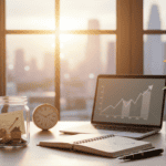 Sunlit desk with glass coin jars, a growing plant sprout, financial charts, and a laptop.