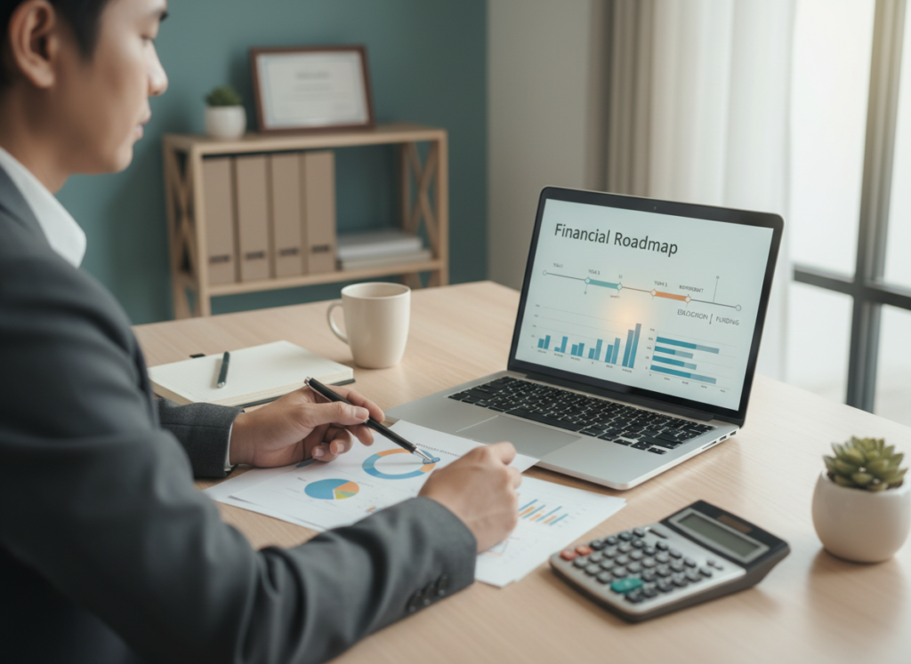 A professional analyzing a "Financial Roadmap" dashboard with growth charts on a laptop screen, with a calculator on the desk.