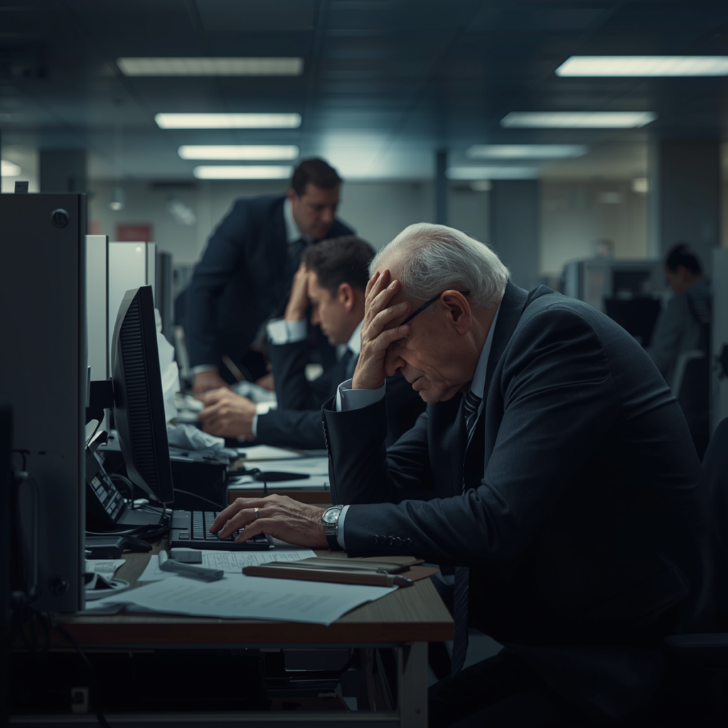Office workers at desks representing a lifetime dedicated to working hard for money.