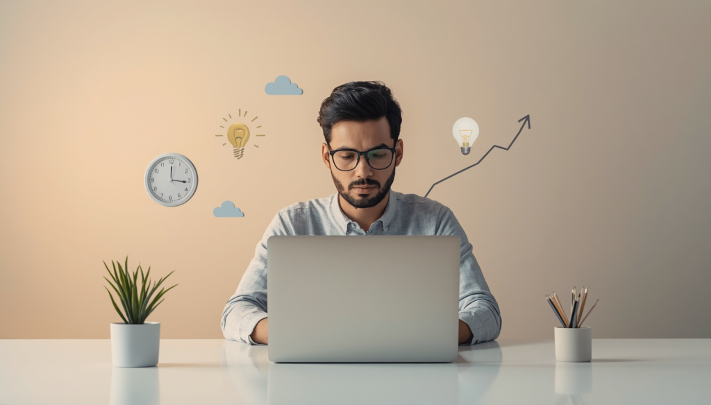 Focused person working on laptop with clock, lightbulb, and growth symbols representing time, creativity, and progress