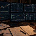 Glowing trading monitors displaying candlestick charts and technical indicators on a dark analyst's desk.