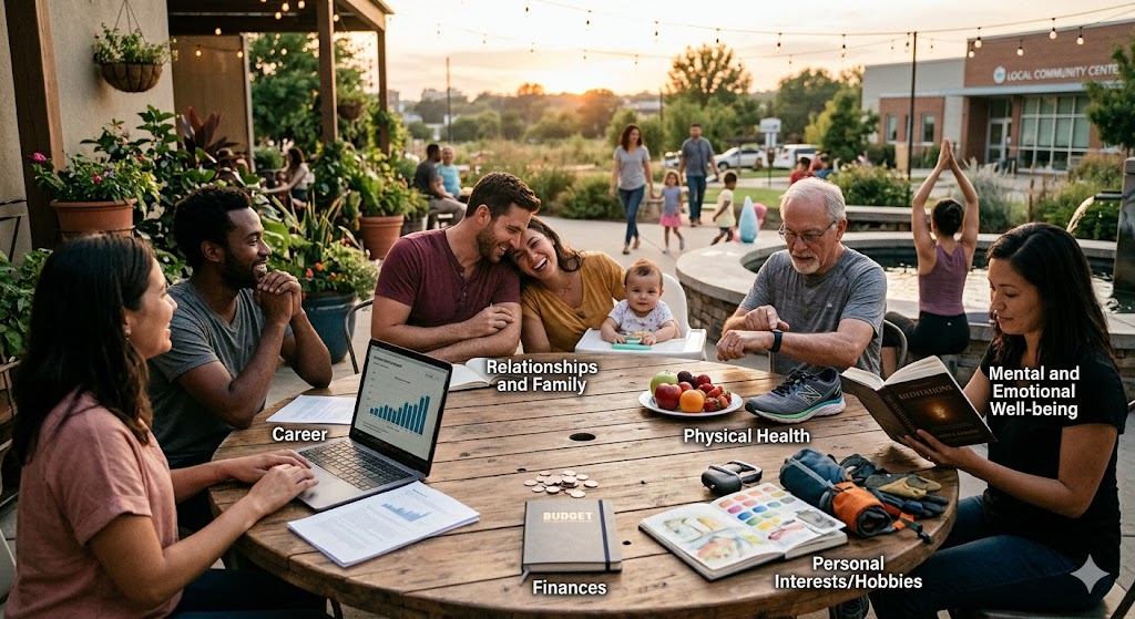 A group of people sitting at a large outdoor wooden table, each with items representing a distinct aspect of a balanced life: 'Career,' 'Family,' 'Physical Health,' 'Mental Well-being,' 'Finances,' and 'Hobbies.'