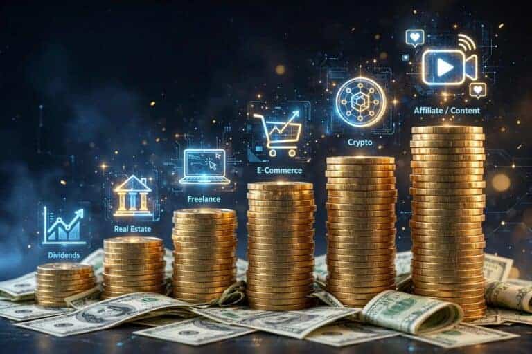 Ascending coin stacks with glowing digital icons representing different passive income strategies