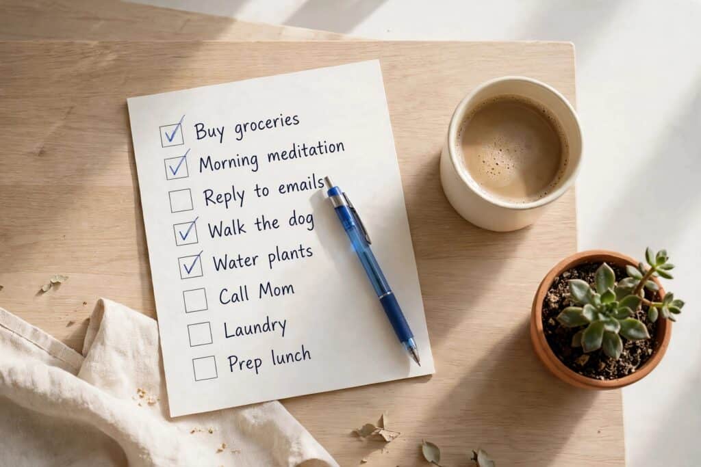 A simple checklist card resting on a kitchen counter next to a cup of coffee and a small potted plant, soft morning light, clean minimalist flat-lay composition, photorealistic