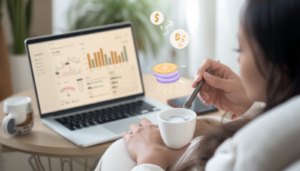 Relaxed person sipping coffee with laptop displaying automated income dashboards in bright, calm workspace