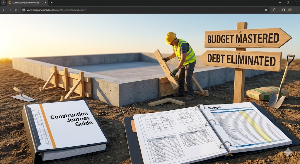 A person building a solid financial foundation, represented by a construction site with a clear budget plan and directional signs for mastering budgets and eliminating debt.