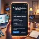Hand holding phone displaying digital marketing specialist job offer in cozy home office
