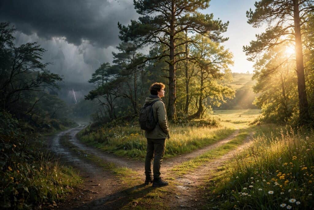 Person standing at a calm crossroads choosing between a panicked reaction and a steady response, representing the mental shifts behind financial resilience