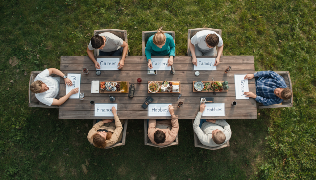 A group of people sitting at a large outdoor wooden table, each with items representing a distinct aspect of a balanced life: 'Career,' 'Family,' 'Physical Health,' 'Mental Well-being,' 'Finances,' and 'Hobbies.'