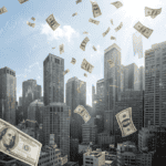 Money floating above city skyline representing external economic circumstances and financial assumptions