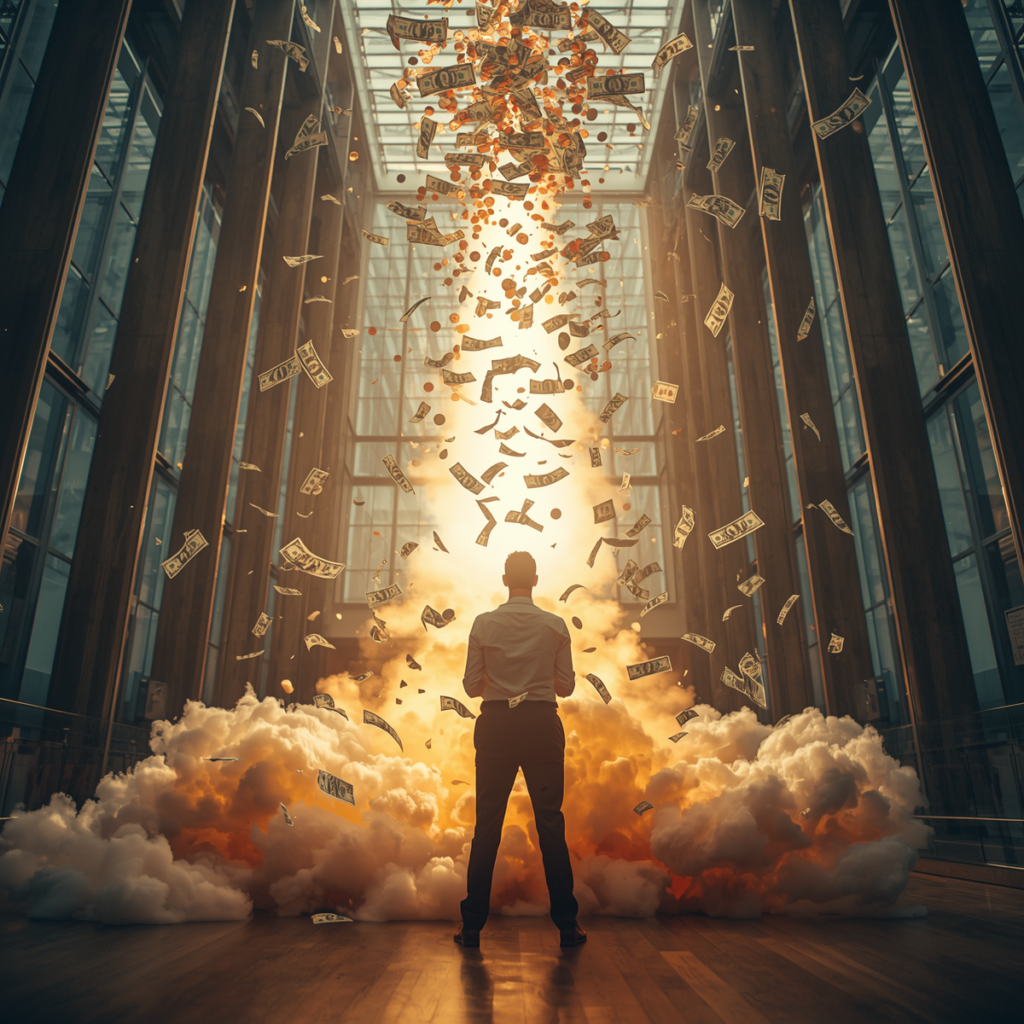 Man in modern building with money and light surging upward representing skyrocketing financial success