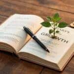 A book open on a wooden table, showing a "90 Days of Growth" plan with a small green seedling being planted into the page to symbolize personal transformation